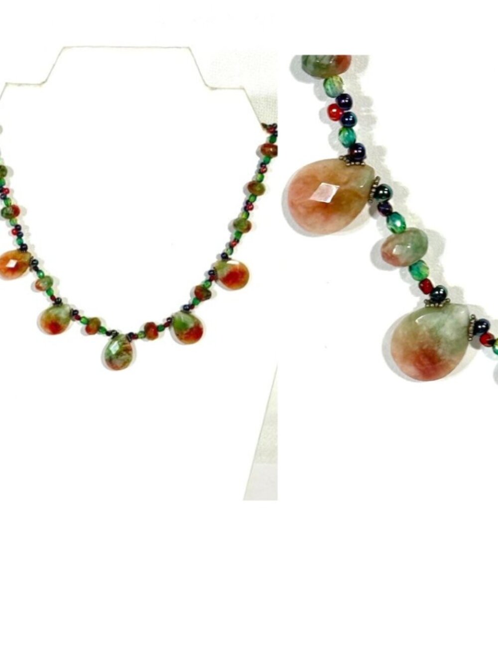 Watermelon jade and bead 18" necklace.